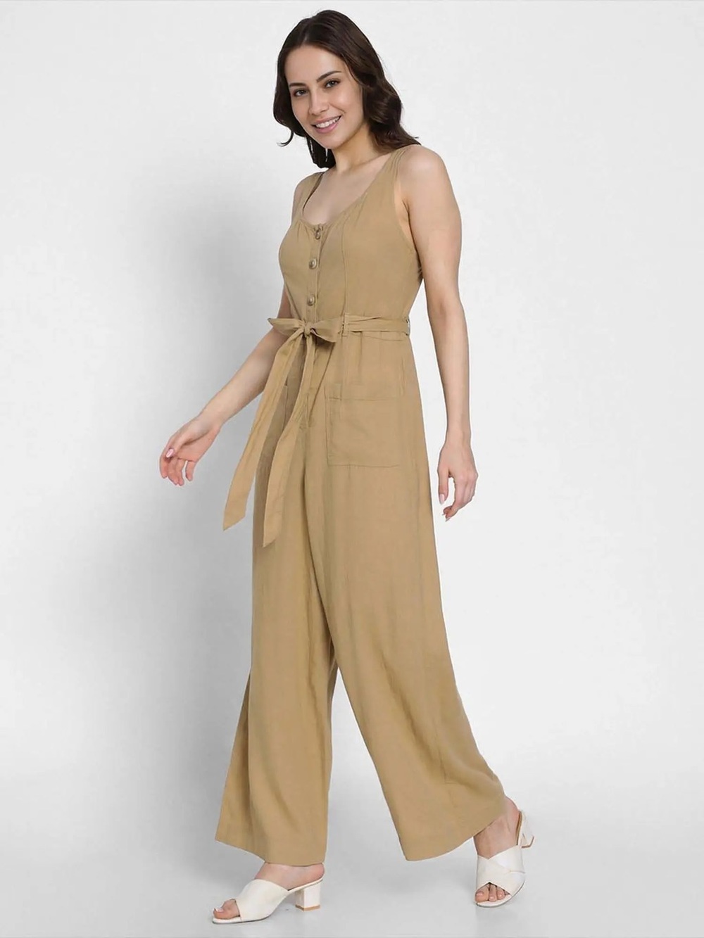 American Eagle Tie-Waist Wide-Leg Jumpsuit in Tan